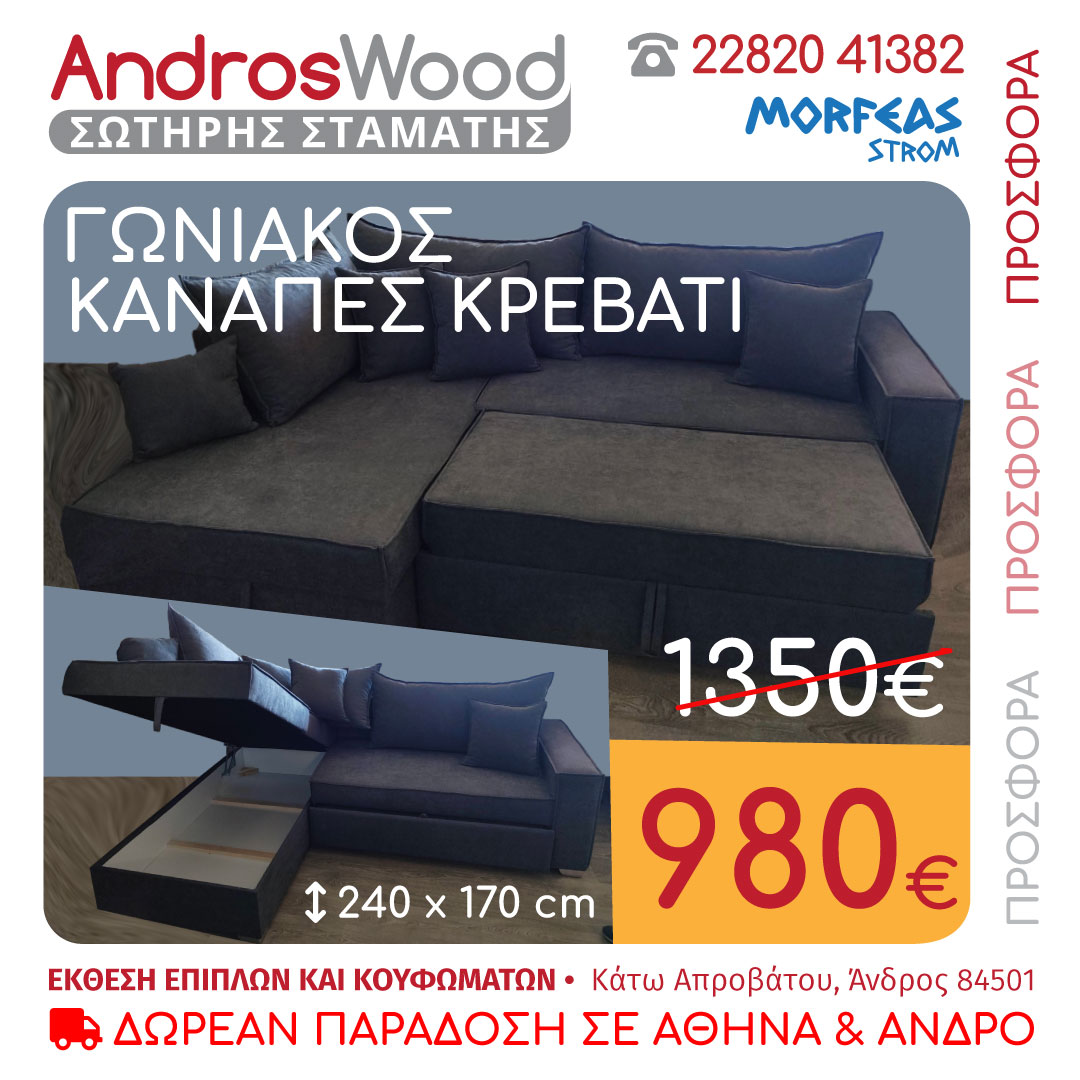 ΓΩΝΙΑΚΟΣ ΚΑΝΑΠΕΣ ΚΡΕΒΑΤΙ με αποθηκευτικό χώρο